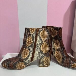 Chinese Laundry Snake-Print Ankle Boots in Brown and Cream